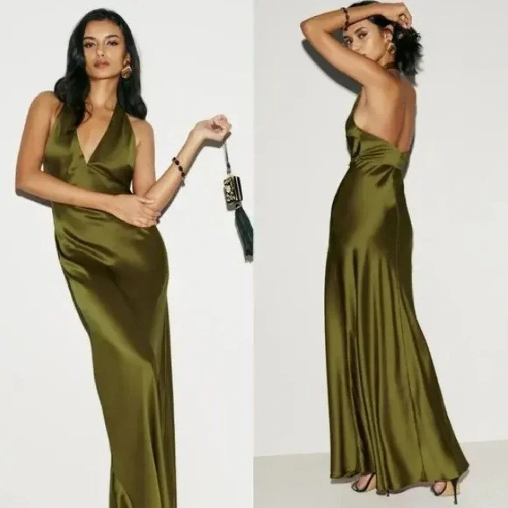 Reformation Daniela Silk Halter Maxi Dress in Pear Satin Evening Gown 6 - Picture 2 of 16